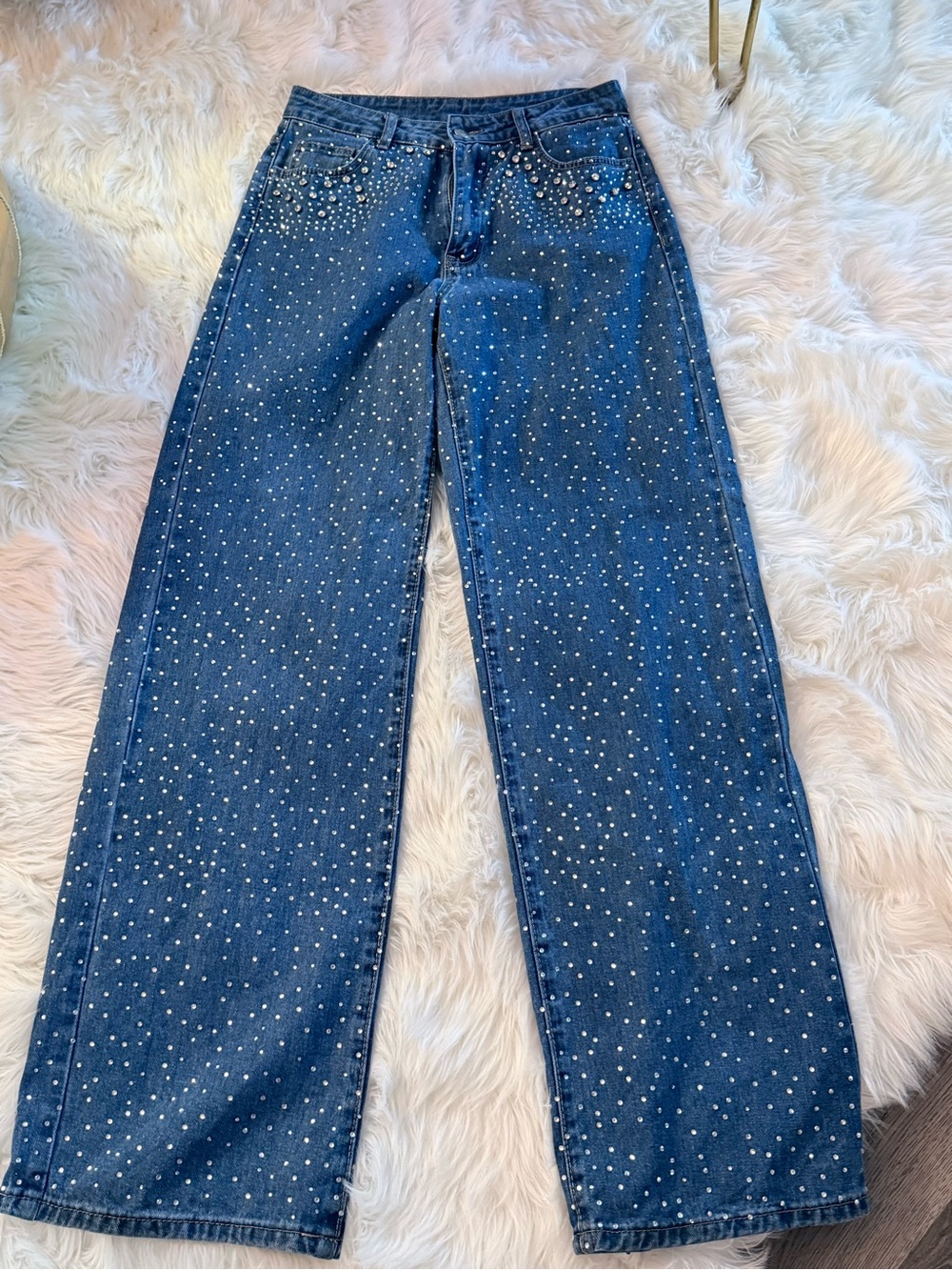 Rhinestone-Embellished Dark Blue Wide-Leg Jeans